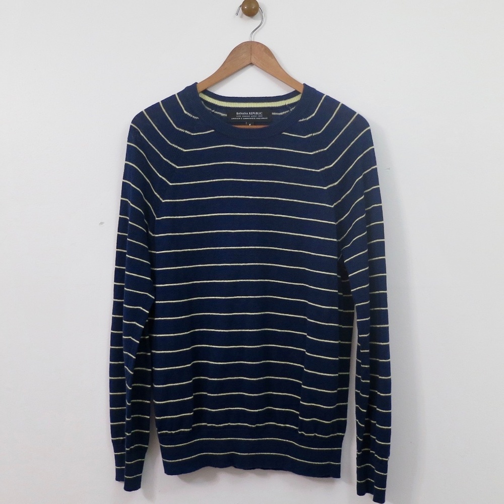 100% Linen Sweater Navy / Marigold Stripe Women's Size Medium Banana Republic